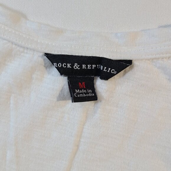 Rock & Republic White Tee Size M Scoopneck Cotton Jersey Side Snap Detail - Picture 5 of 7